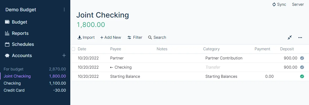 Screenshot of joint accounts in a personal Actual Budget file - option 1